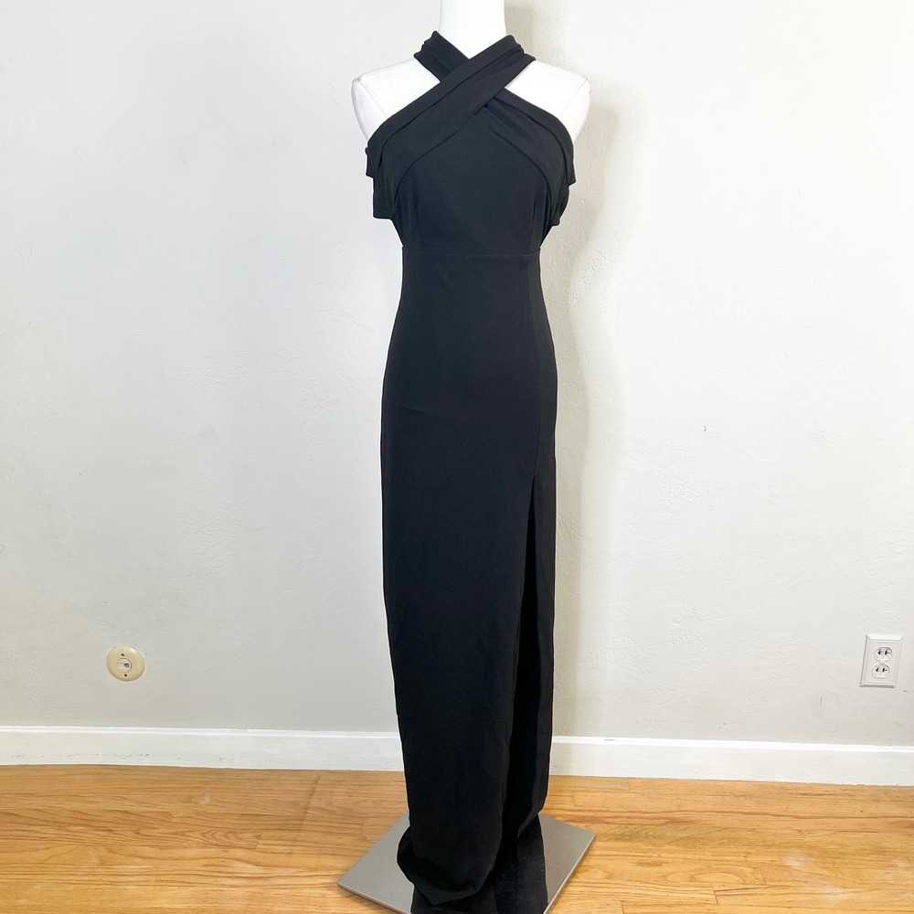 Lulus Black Crisscross Halter Neck Cutout Backā Maxi Dress High Slit XS
